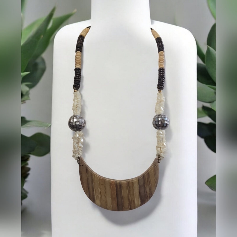 Vtg 80s Monies Style Wood & Abalone Inlay Warrior Plate Statement Necklace 34"